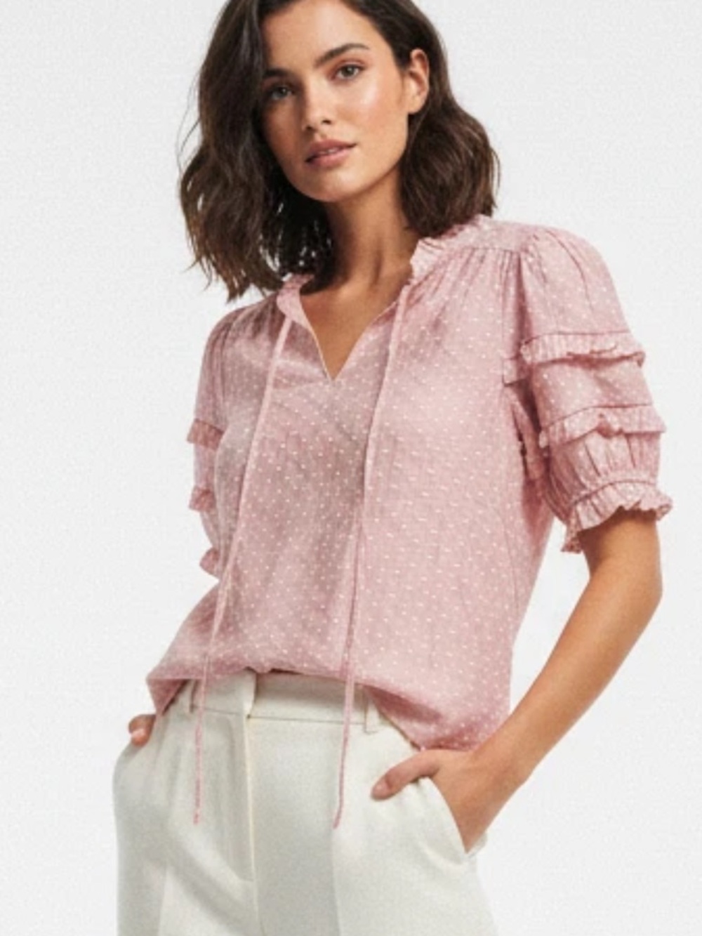 By The River Pink Swiss Dot Top Large Shirt Romantic Feminine Ruffle Cottage